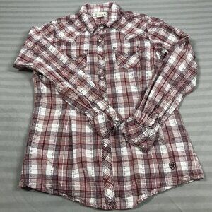 Ariat Shirt Womens Small Red White Plaid Western Pearl Snap Long Sleeve Cowboy